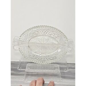 Vtg Anchor Hocking Clear Oval Divided Relish Dish Star Cut Design‎